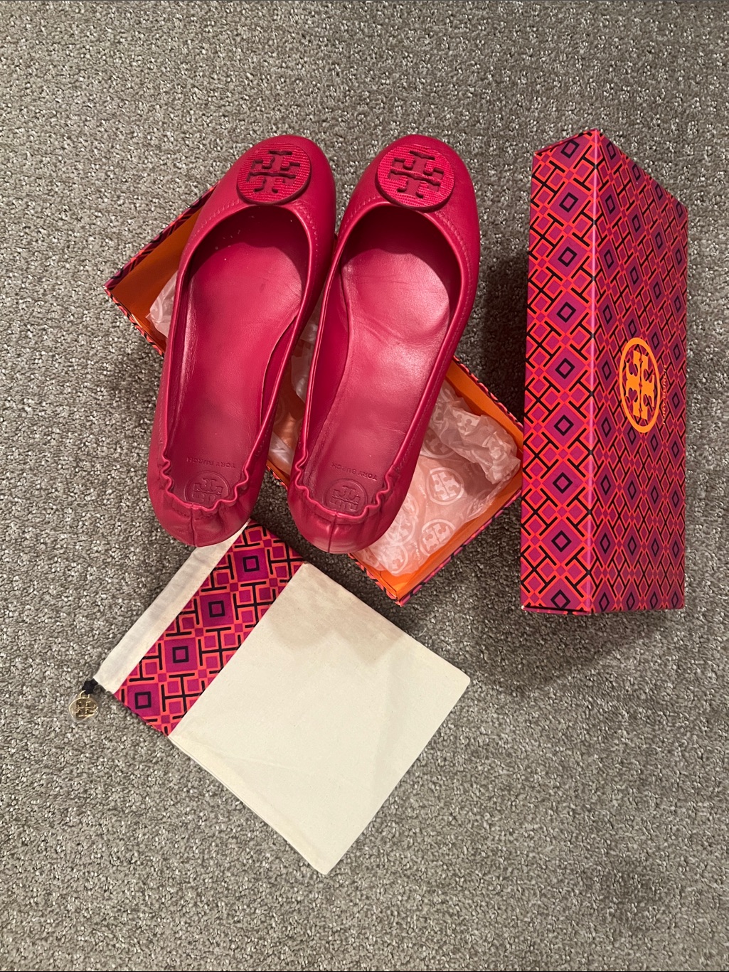 Tory Burch Dark Azalea Nappa Leather Logo Travel Ballet Flats
